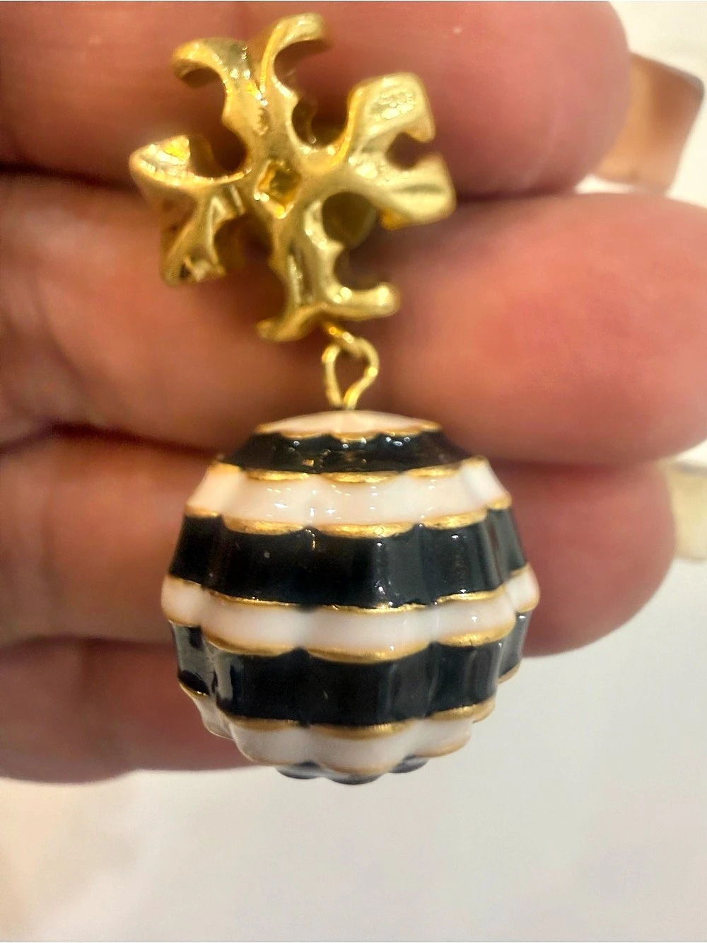 Tory Burch Roxanne Gold-Tone Logo Drop Earrings with Black and White Striped